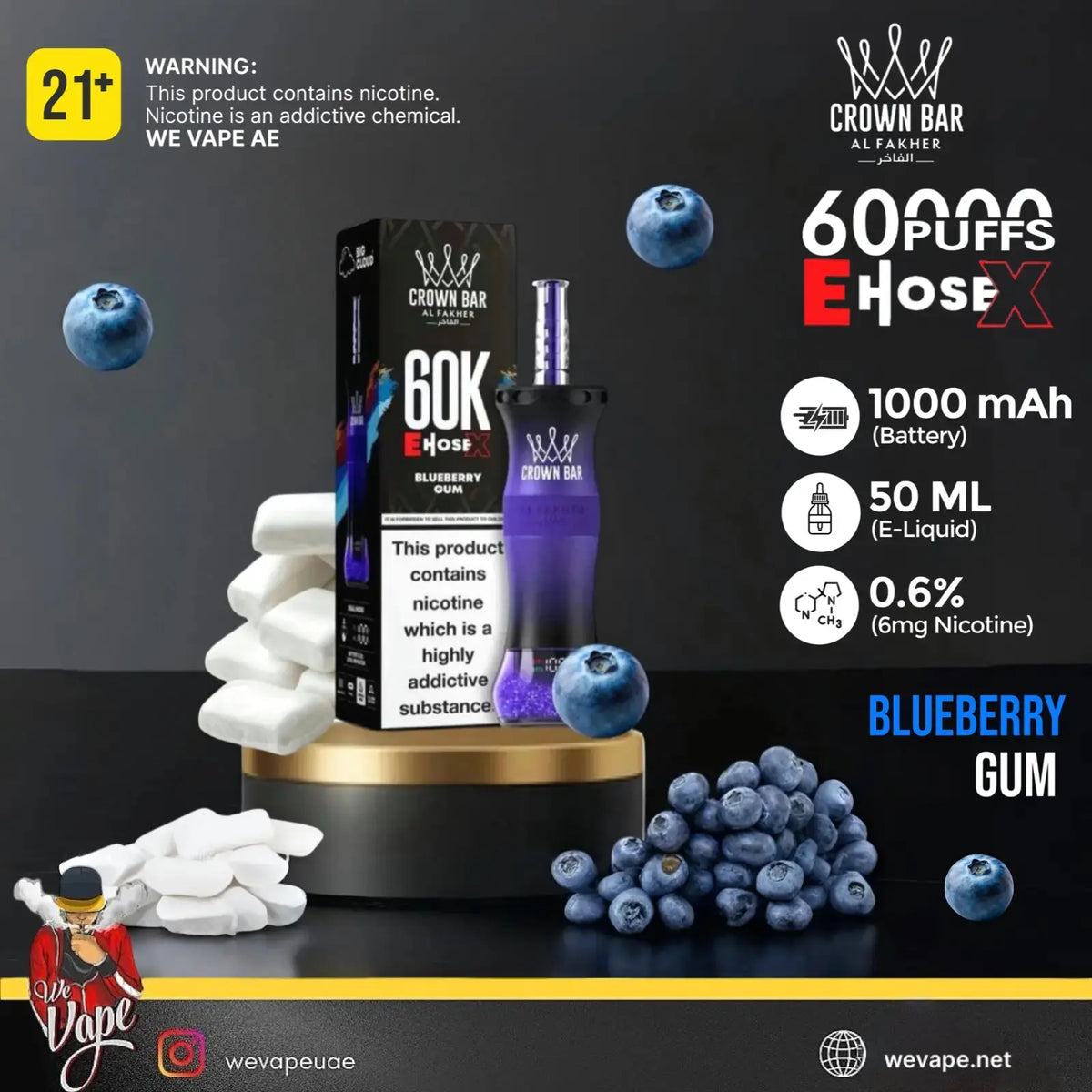 Crown Bar vape device with blueberries and packaging on a dark background