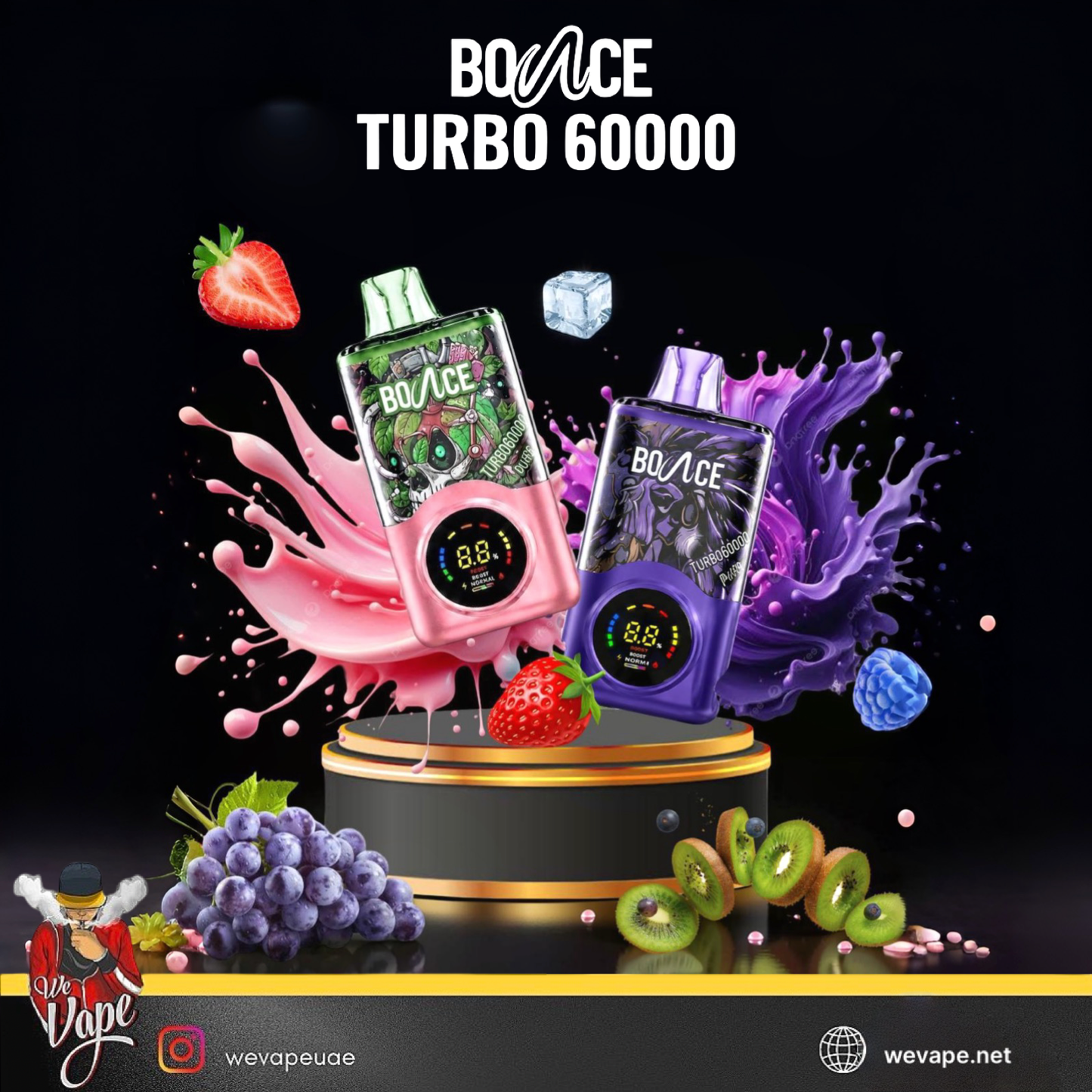 Two Bounce Turbo 60000 disposable vape devices, one pink and one purple, floating in front of colorful liquid splashes on a black background, surrounded by fruit illustrations and the text 'BOUNCE TURBO 60000'. ORDER NOW AND GET 20% OFF.