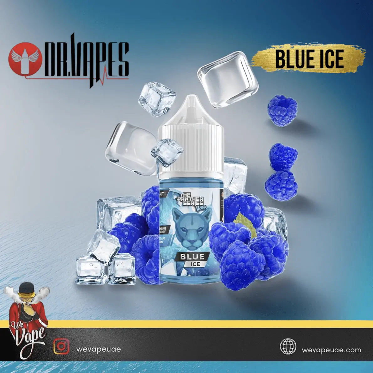 Dr Vapes Blue Ice Flavor SaltNic in Blue Background with Ice Blue Raspberry Display