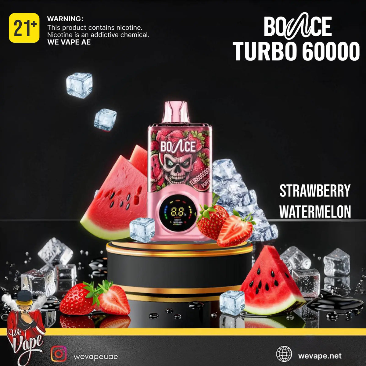 A BOvACE Turbo 60000 disposable vape device in a pink and black design with a skull graphic, labeled 'Strawberry Watermelon'. It is displayed on a black pedestal with watermelon slices, strawberries, and ice cubes against a dark background. ORDER NOW AND GET 20% DISCOUNT.