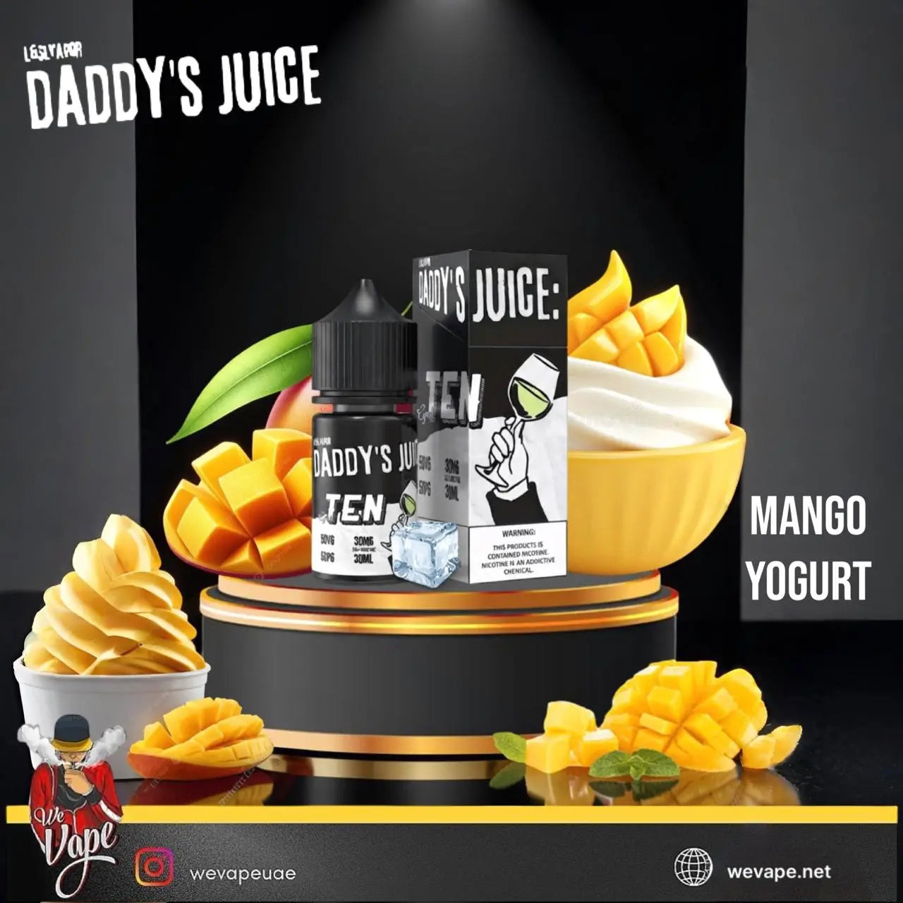 Daddy's Juice Mango Yogurt vape product display with a bottle, box, and two bowls of creamy yellow yogurt with fresh mango chunks, set on a black pedestal with branding text. Order Now and get FREE DELIVERY WHEN YOU AVAIL OUR PROMO.