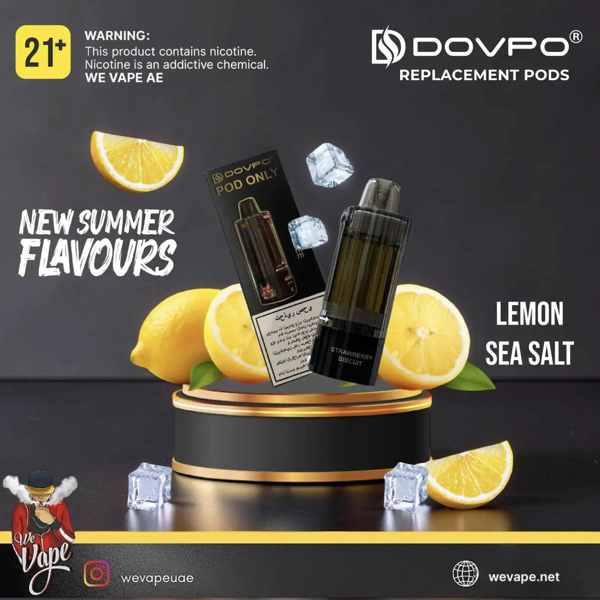 A bottle of DOVPO Lemon Sea Salt replacement pods displayed on a black and gold pedestal with lemons and ice cubes, on a dark background with promotional text. Order Now and get PROMO BUY 4 GET FREE. wevape.net