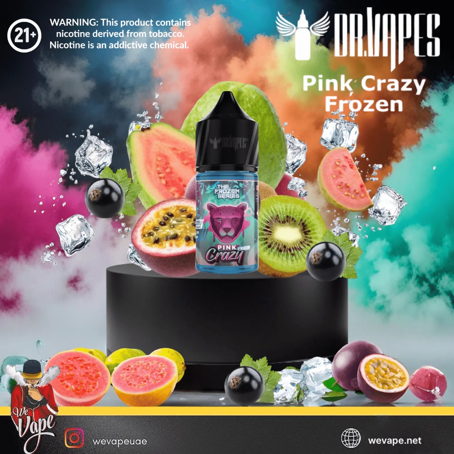 Dr Vapes juices bottle labeled 'Pink Crazy Frozen' with fruit and ice graphics on a colorful background.