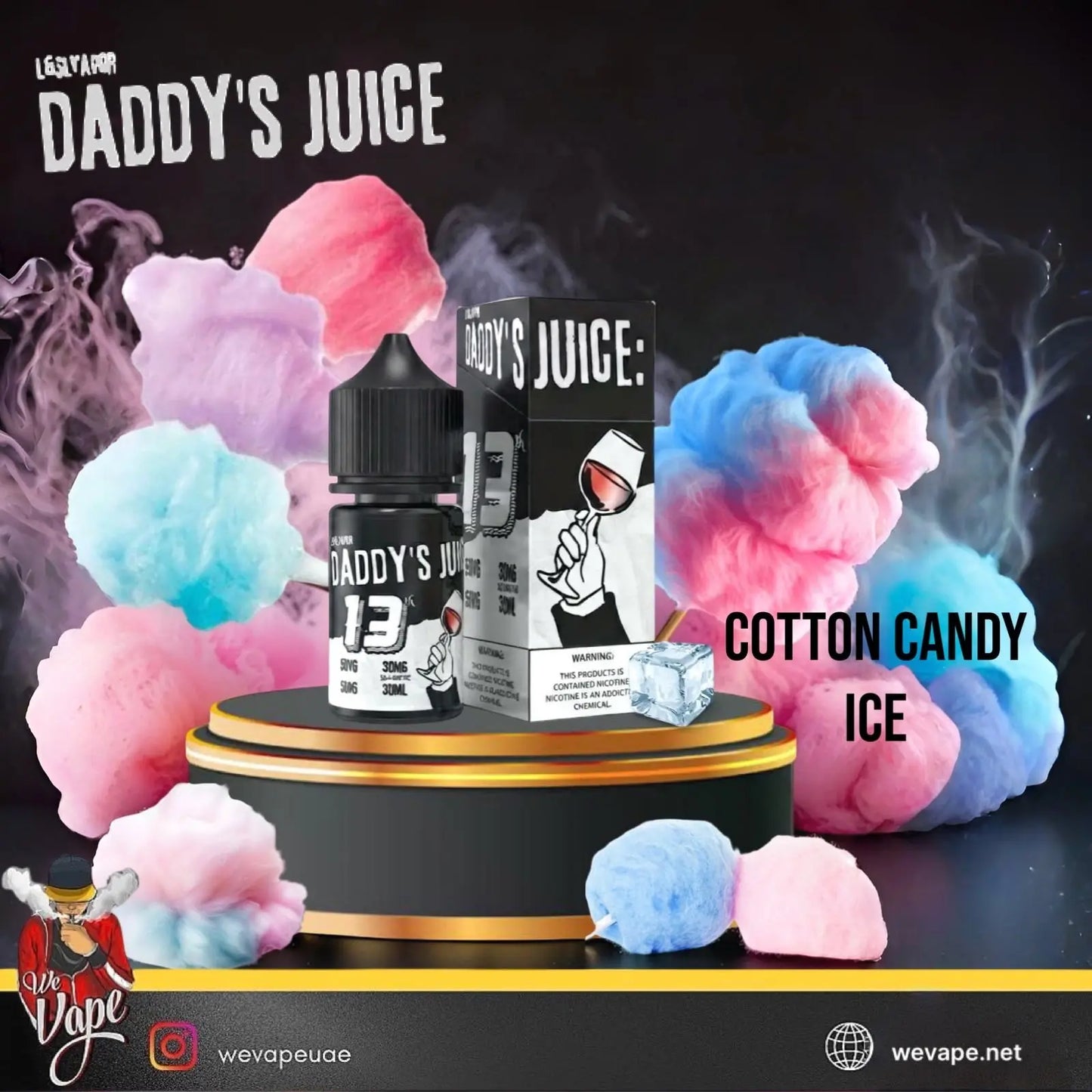 A bottle and box of Daddy's Juice 13% cotton candy ice e-liquid are displayed on a black and gold pedestal, surrounded by pink, blue, and purple cotton candy against a dark background with smoke effects.
Order Now and avail our Promo Offer Free Delivery!
