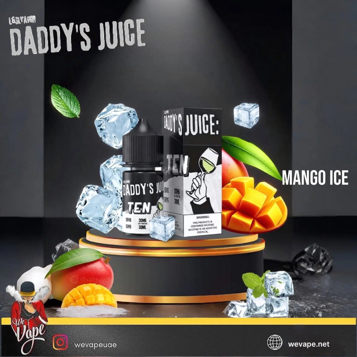 A bottle and box of DADDY'S JUICE TEN e-liquid in the Mango Ice flavor, displayed on a black and gold pedestal with floating ice cubes, mango slices, and green leaves against a dark background.
Order Now and avail our Promo Offer Free Delivery!