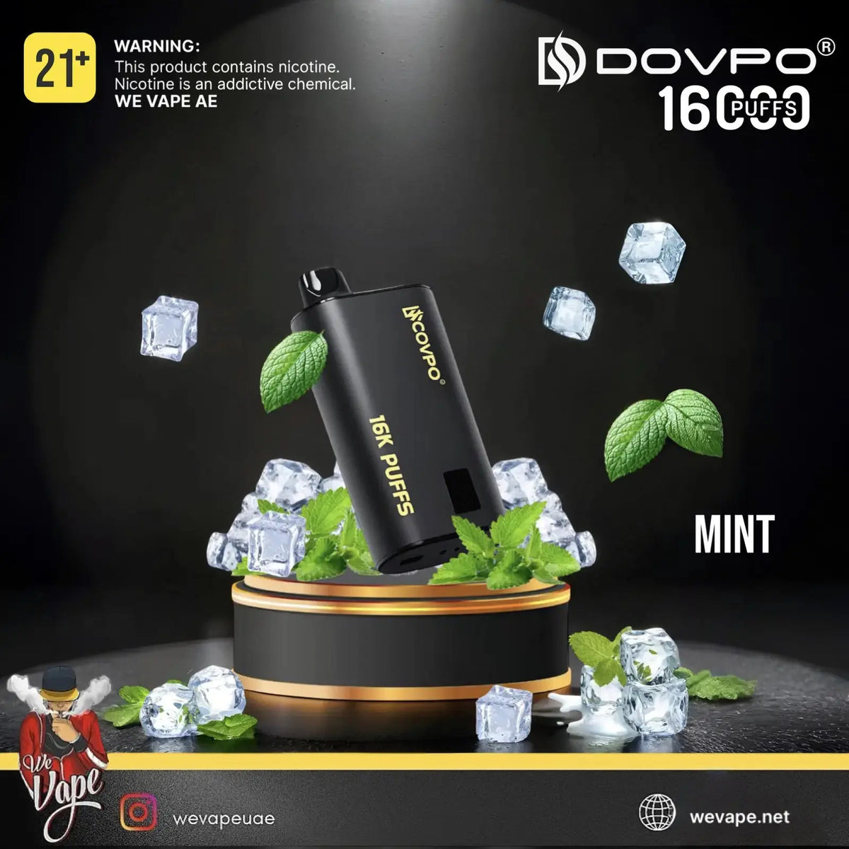 A black DOVPO 16C00 disposable vape device labeled 'Mint' is displayed on a rotating black and gold pedestal with mint leaves and ice cubes floating around it. The background is black with promotional text, including a 21+ warning and DOVPO branding.
