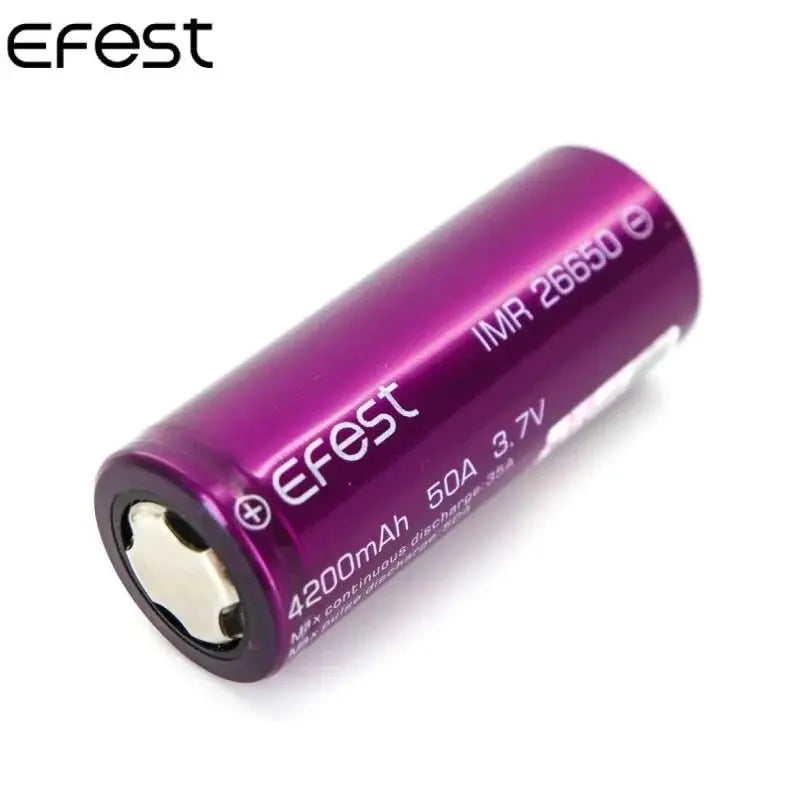 Purple Efest battery with specifications on a white background