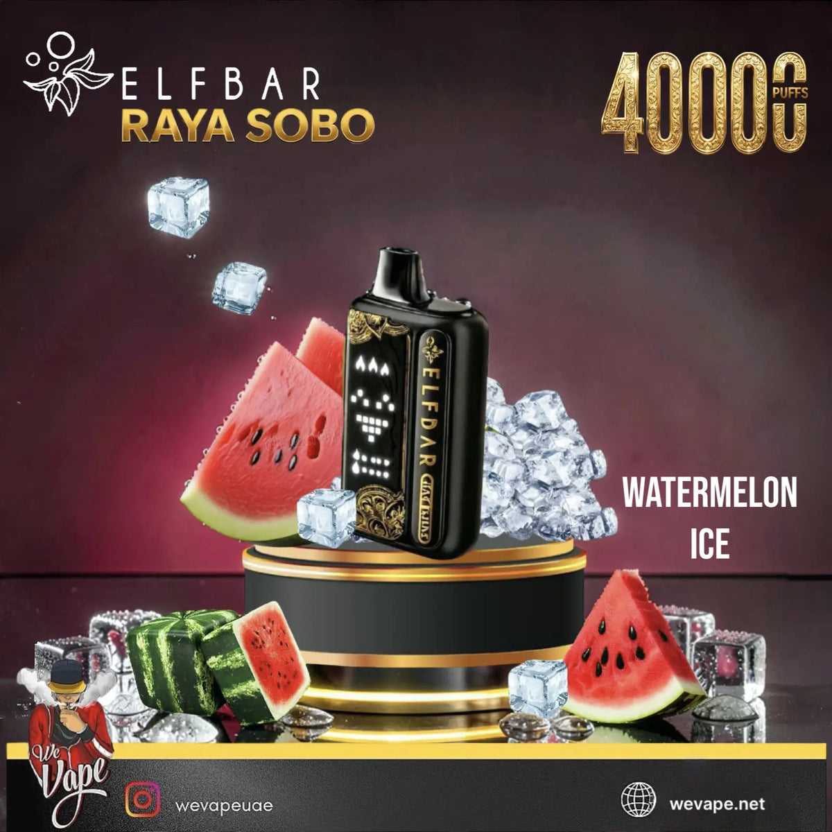 Elfbar Raya Sobo disposable vape device in a black and gold metallic finish, displayed on a gold-rimmed pedestal with watermelon slices, ice cubes, and diamonds against a dark purple background. Text overlays read 'ELFBAR RAYA SOBO', '40000 Puffs', and 'WATERMELON ICE'. ORDER NOW AND GET FREE DELIVERY!