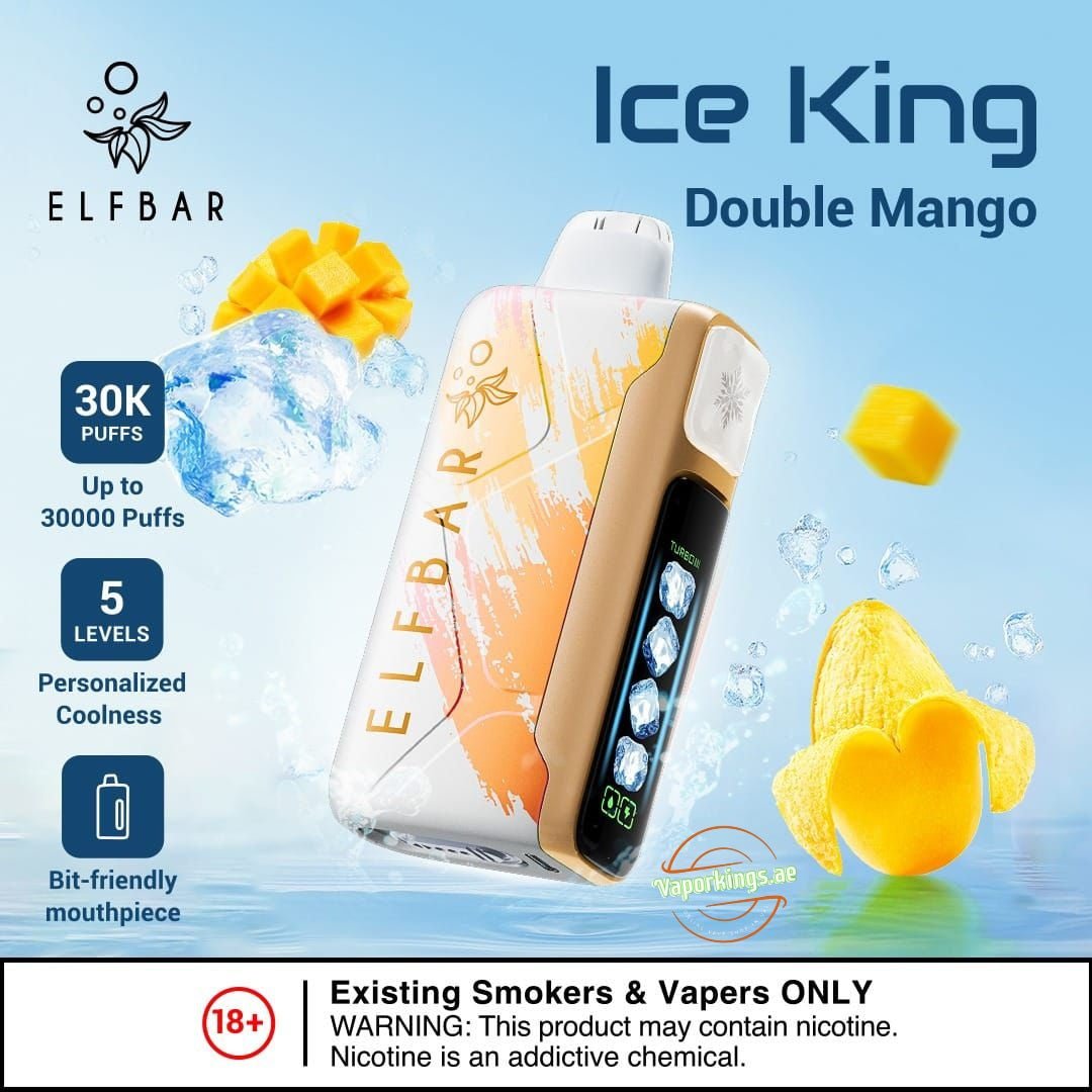 elf bar ice king double mango with light blue background ice cubes display