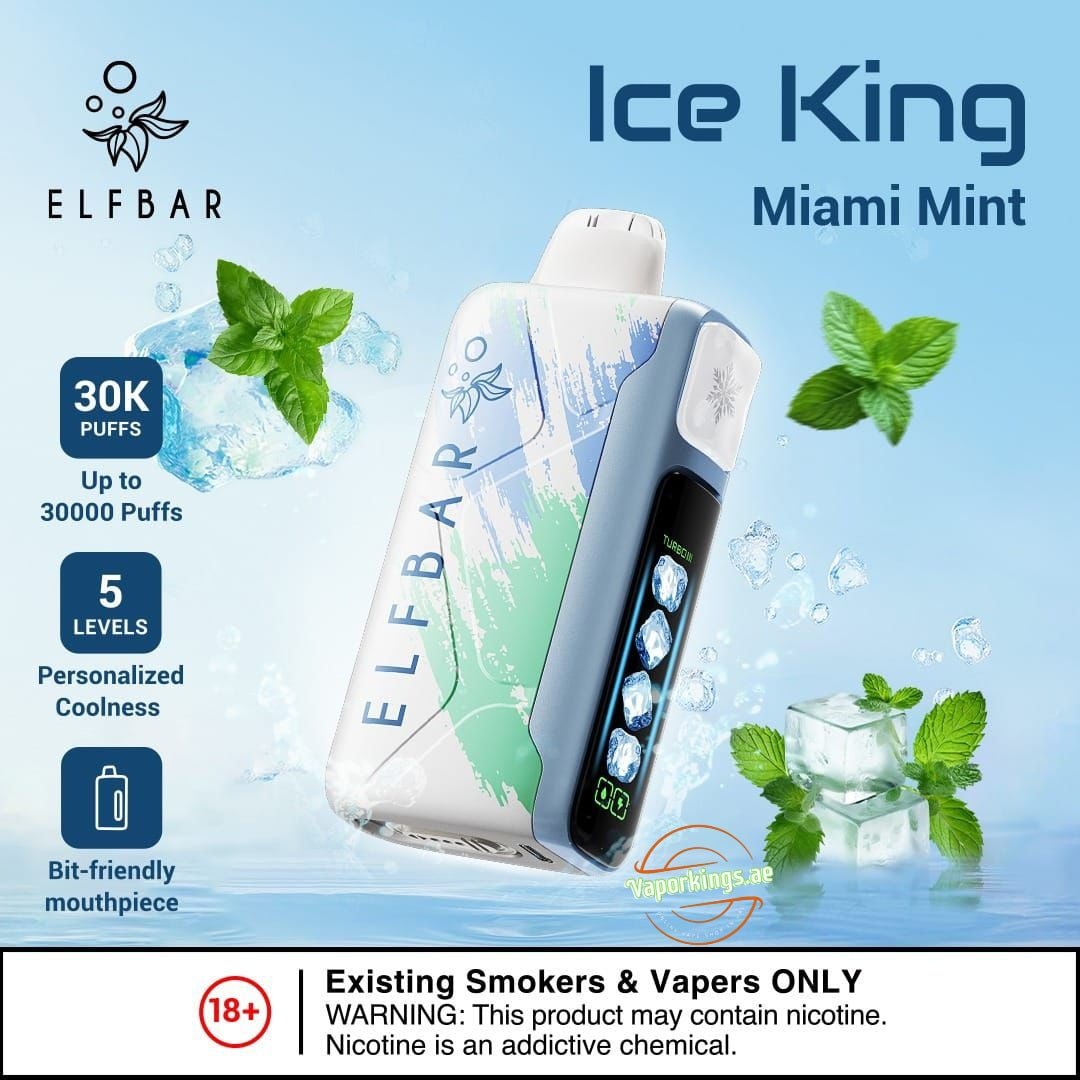 Elf Bar Ice king Disposable Pod 30000 Puffs in light blue background, with mint leaves