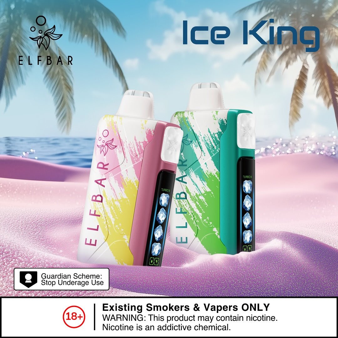 Elf Bar - Ice king Disposable Pod 30000 with coconut trees and beach background