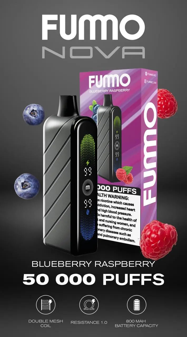 FUMO Nova vape device and packaging with blueberry and raspberry graphics on a dark background. Order Now!