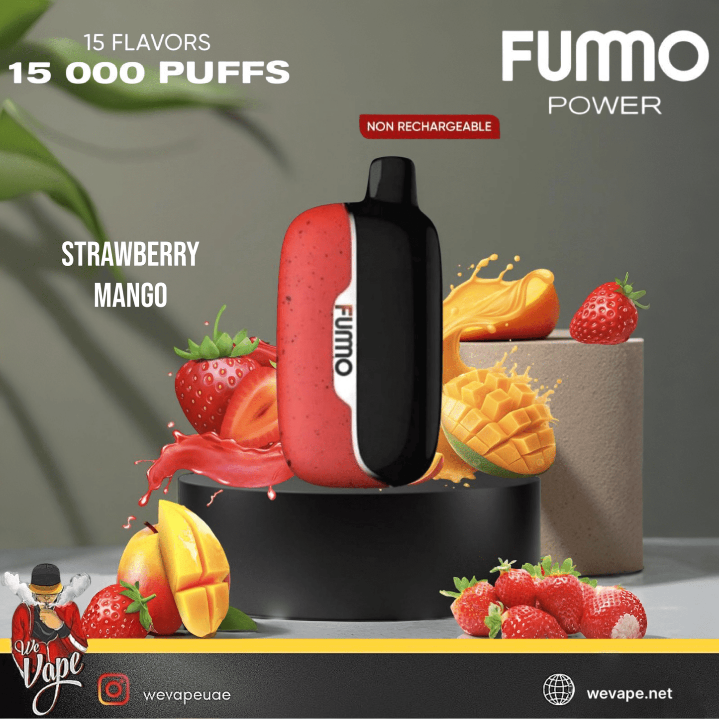 FUMMO POWER 15K DISPOSABLE VAPE KIT IN MANGO STRAWBERRY DISPLAY WITH GREY BACKGROUND