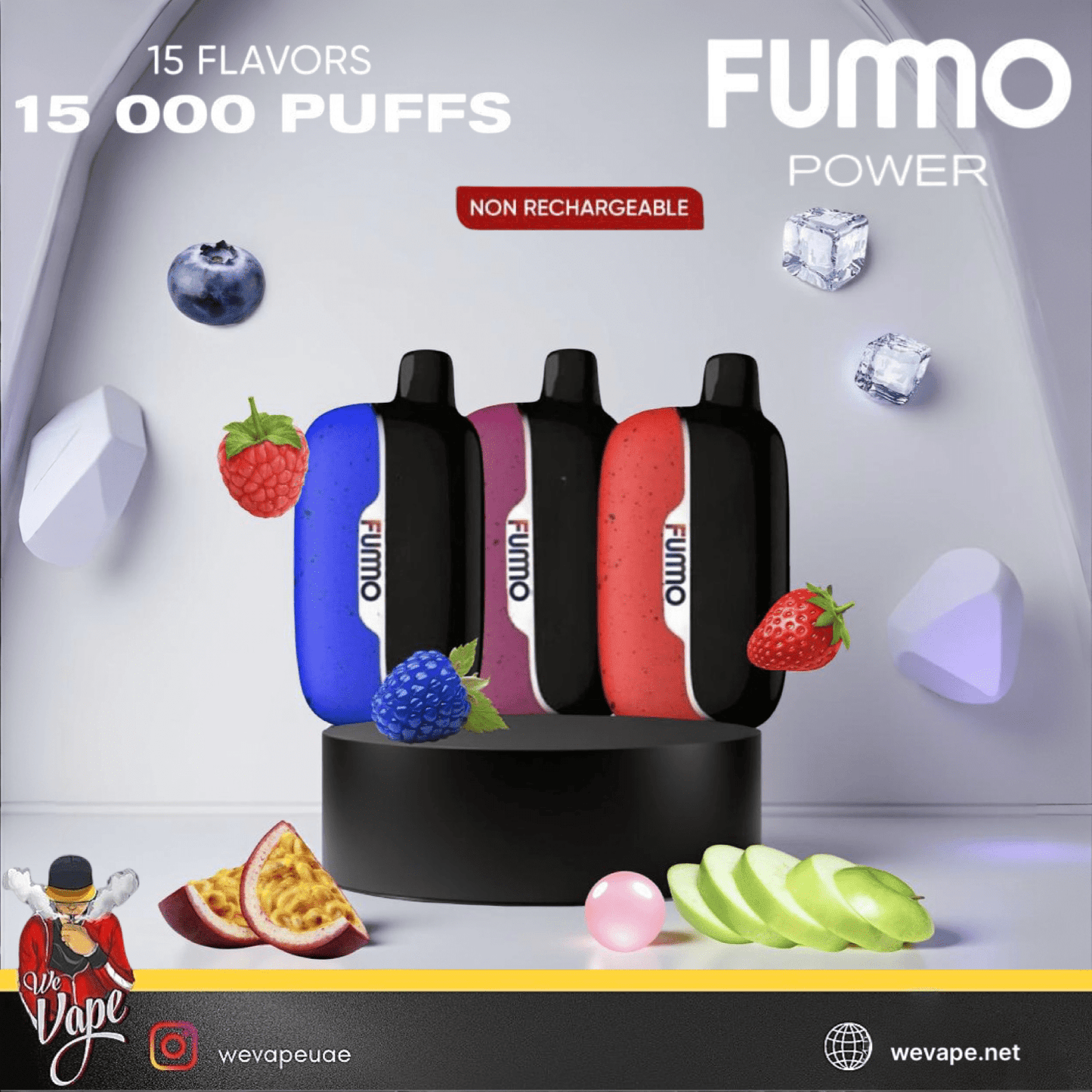 FUMMO POWER 15K DISPOSABLE VAPE KIT IN 3 DIFFERENT COLORS WITH FRUITS AND ICE CUBES DISPLAY IN WITE BACKGROUND