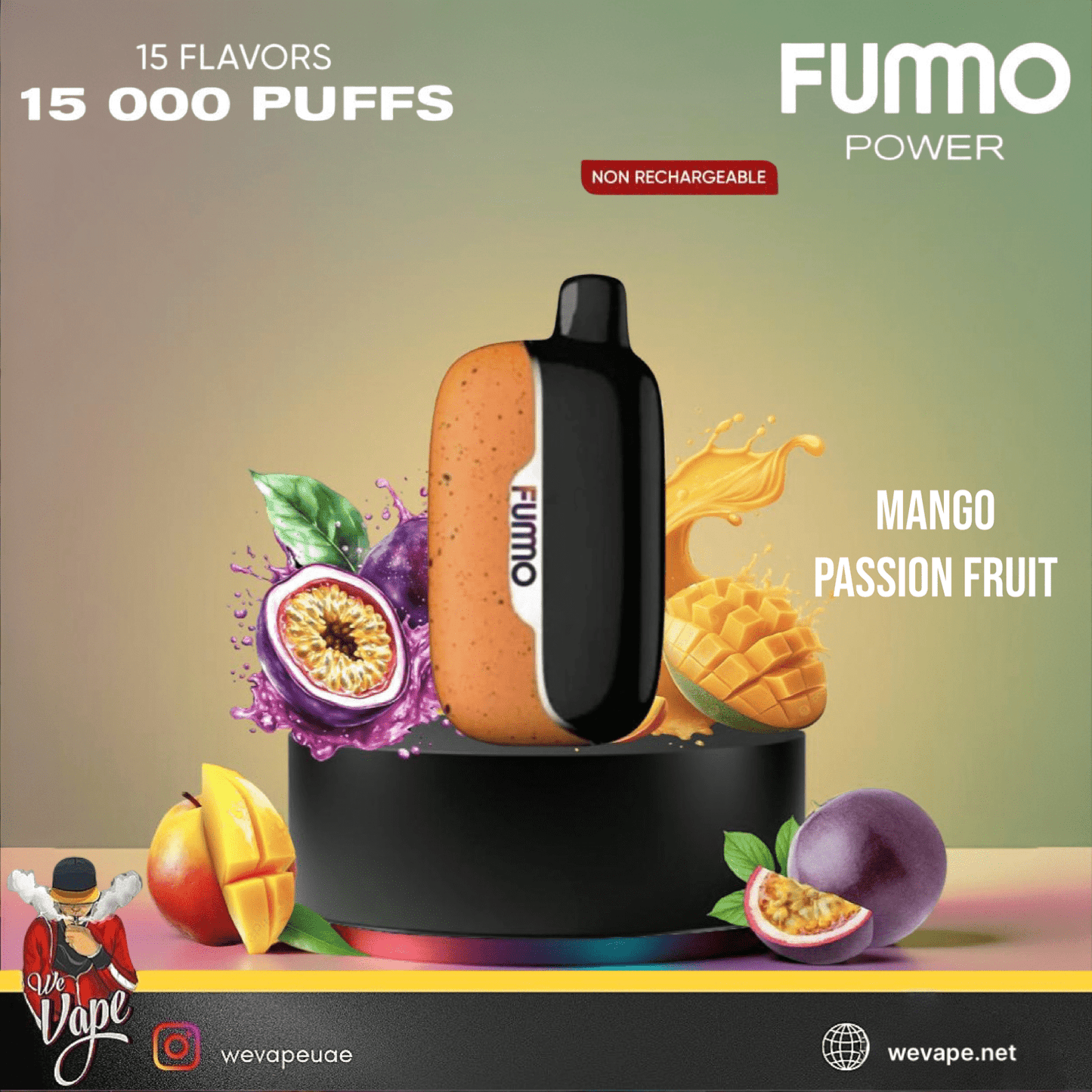 FUMMO POWER 15K DISPOSABLE VAPE KIT WITH MANGO AND PASSION FRUIT DISPLAY