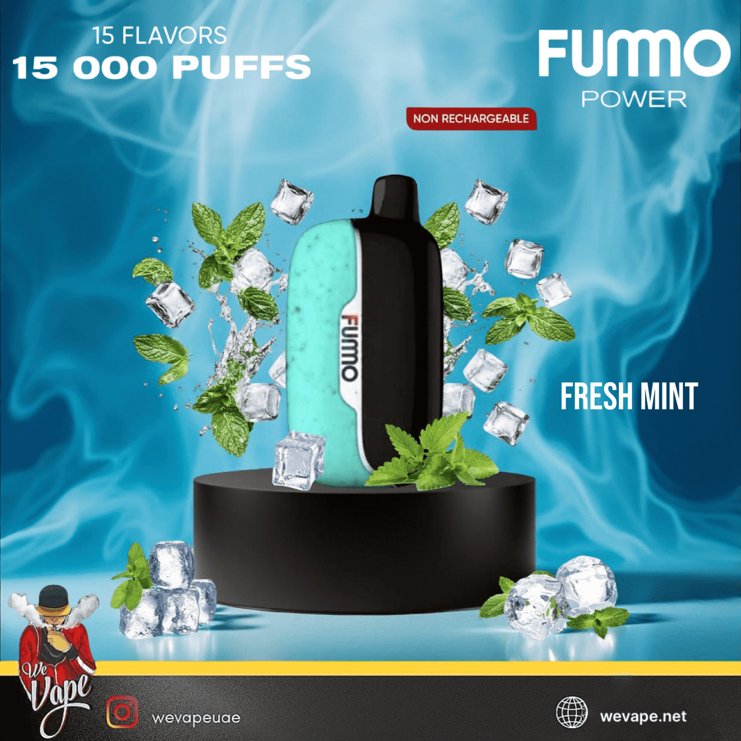 Fummo Power 15k disposable vape in fresh mint with ice display in cold smokey background
