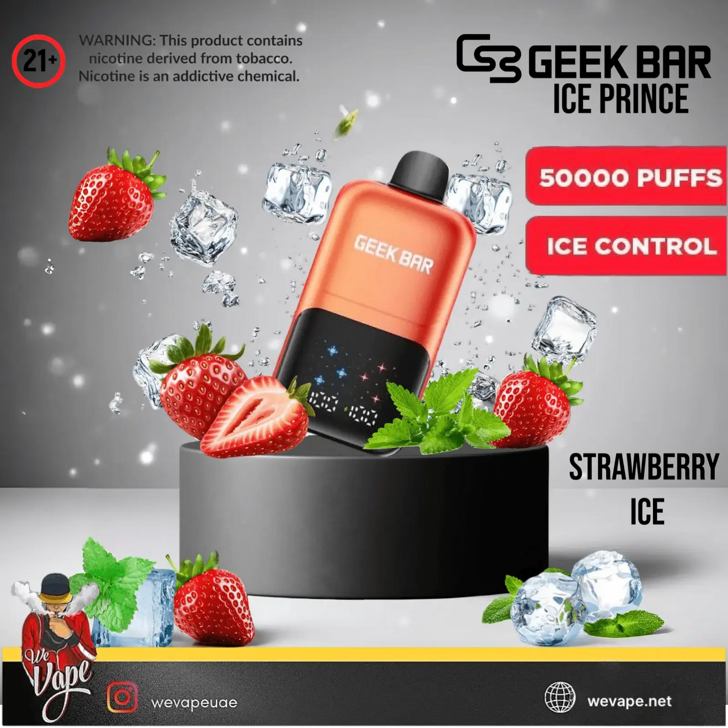 Geek Bar Ice Prince vape device with strawberries and ice cubes on a gray background. Order Now and get 20% OFF!