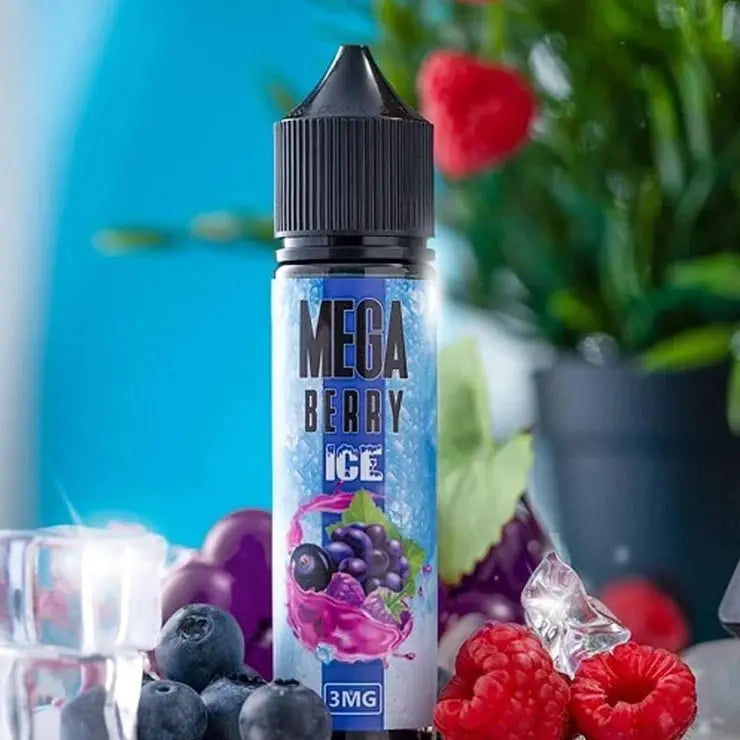 GRAND E-LIQUID MEGA BERRY ICE IN 60ML BOTTLE WITH ICE CUBES AND FRUITS BACKGROUND