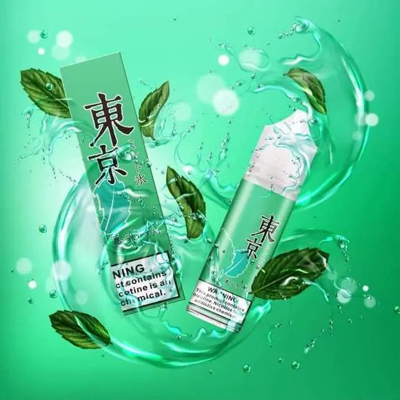 Iced Mint by Tokyo E-Liquid with mint leaves and packaging in green background