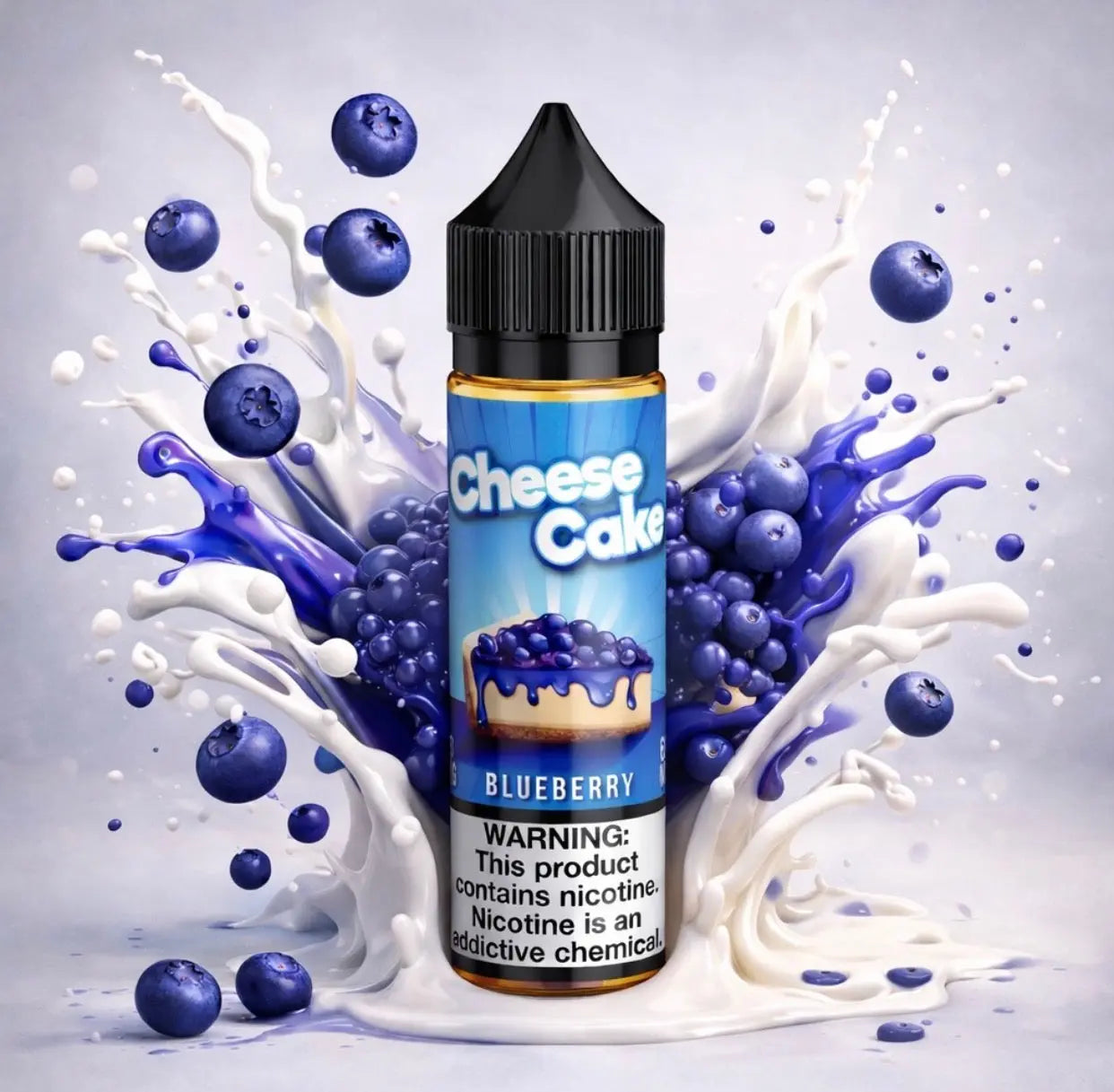 Vape juice bottle labeled 'Cheesecake Blueberry' with blueberries and milk splash on a light gray background Order Now!