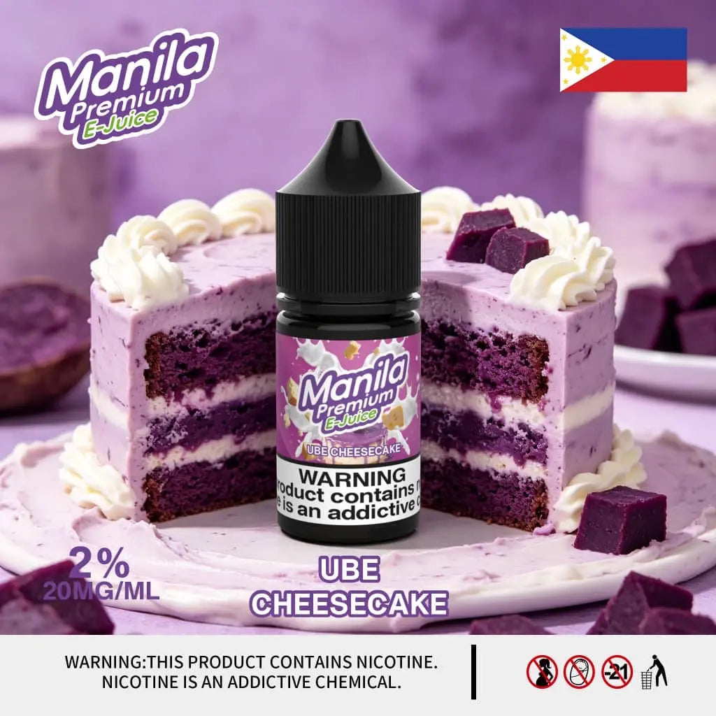 Manila Premium Ube Cheesecake e-liquid bottle with a slice of Ube Cheesecake in the background. Order Now and get 20% OFF PROMO OFFER!