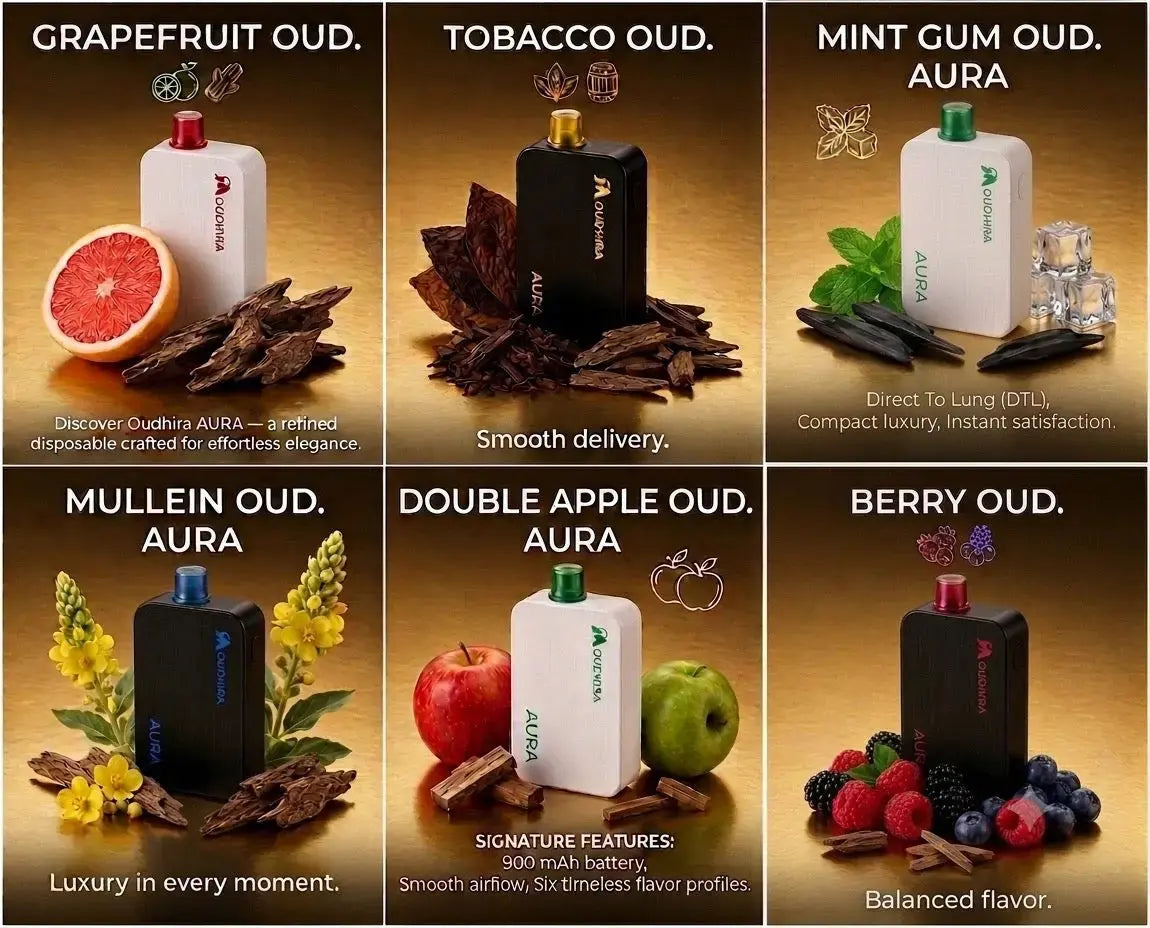A 6-panel promotional collage for AURA vape devices, showing different flavor options: Grapefruit Oud, Tobacco Oud, Mint Gum Oud, Mullein Oud, Double Apple Oud, and Berry Oud. Each panel features the AURA device with its corresponding flavor ingredients (grapefruit, tobacco, mint, mullein, apples, berries) on a warm brown textured background.