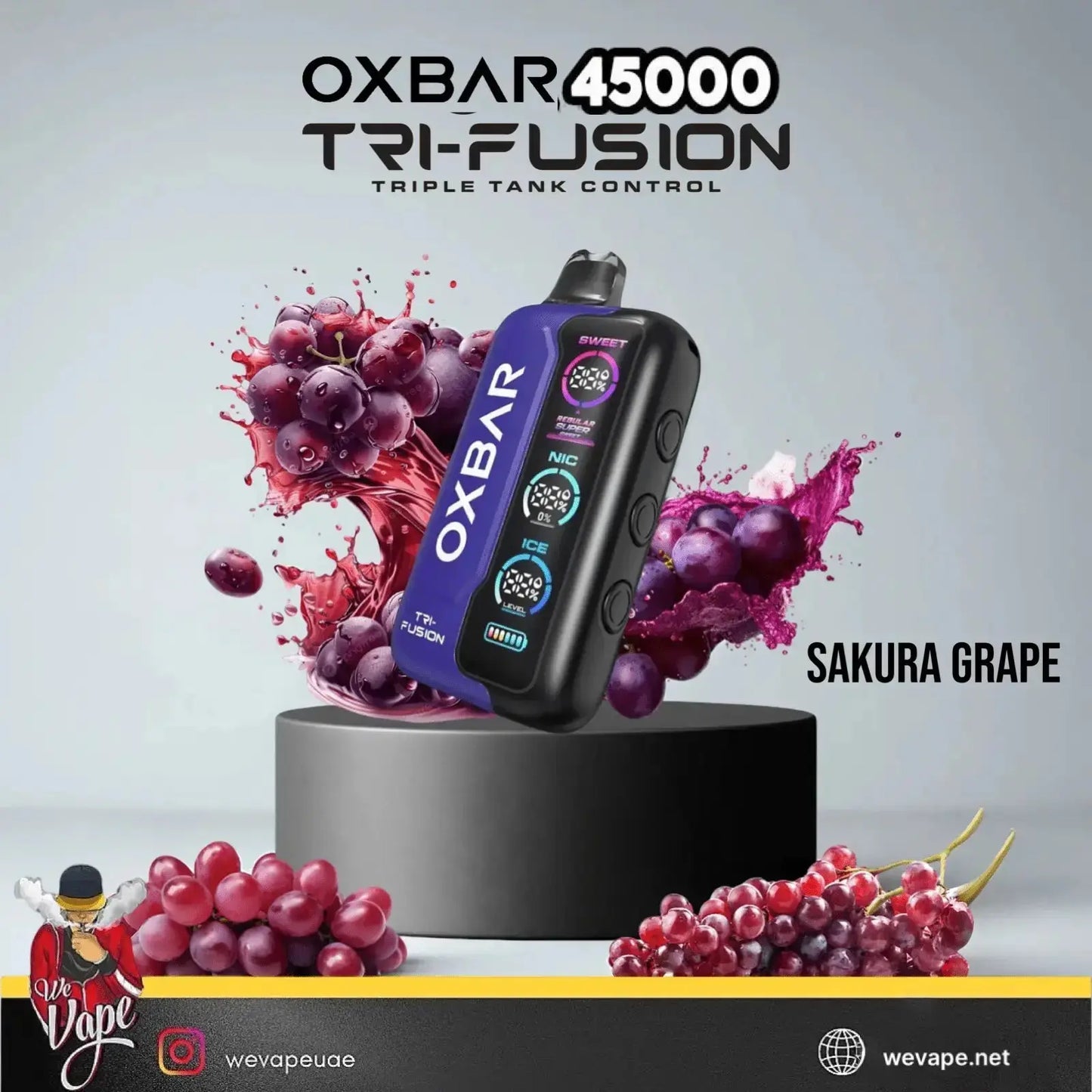 OXBAR 45000 Tri-Fusion vape device with sakura grape flavor on a gray background. ORDER NOW AND GET FREE DELIVERY