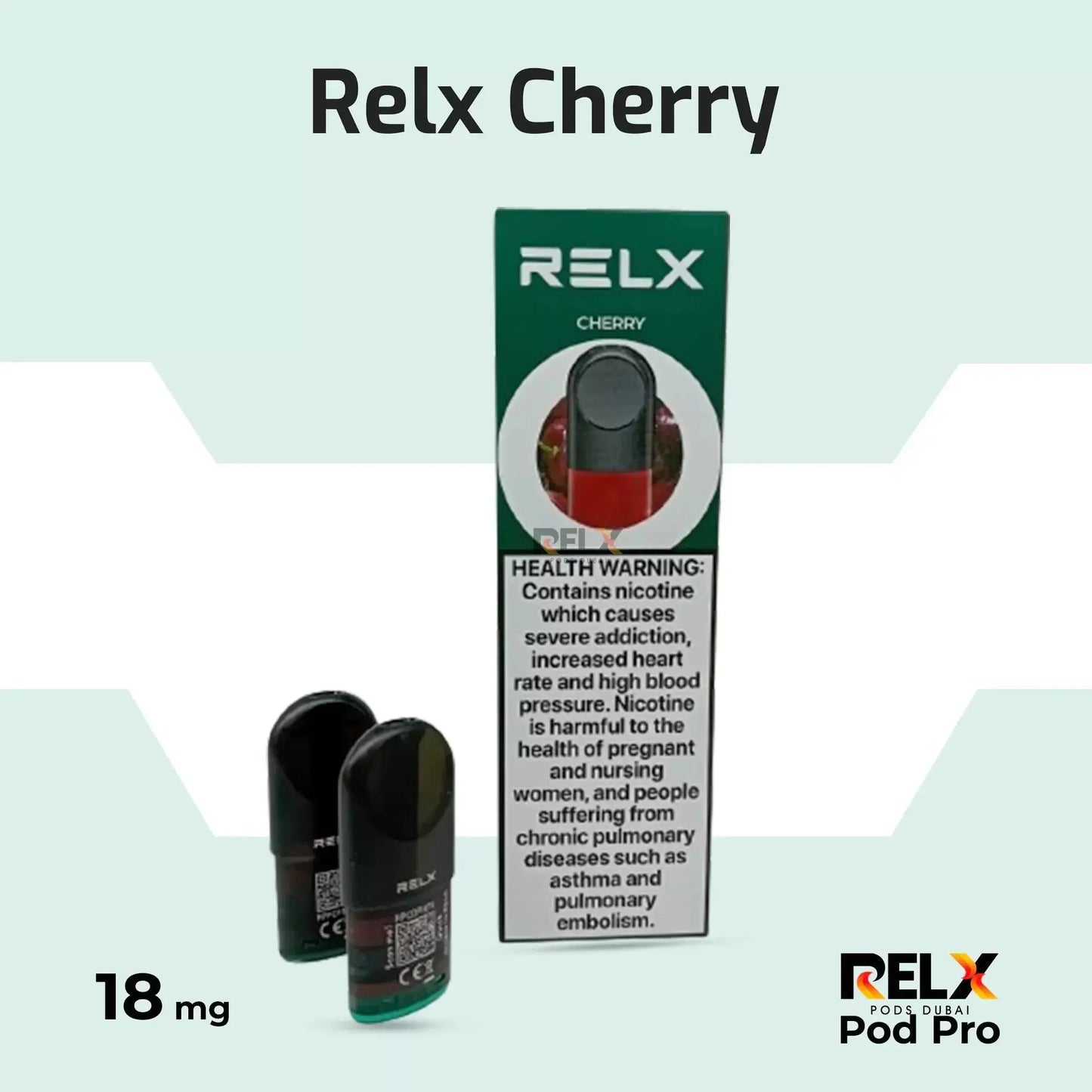 RELX Cherry vape pod packaging with two pods on a light green background. ORDER NOW AND GET FREE DELIVERY!
