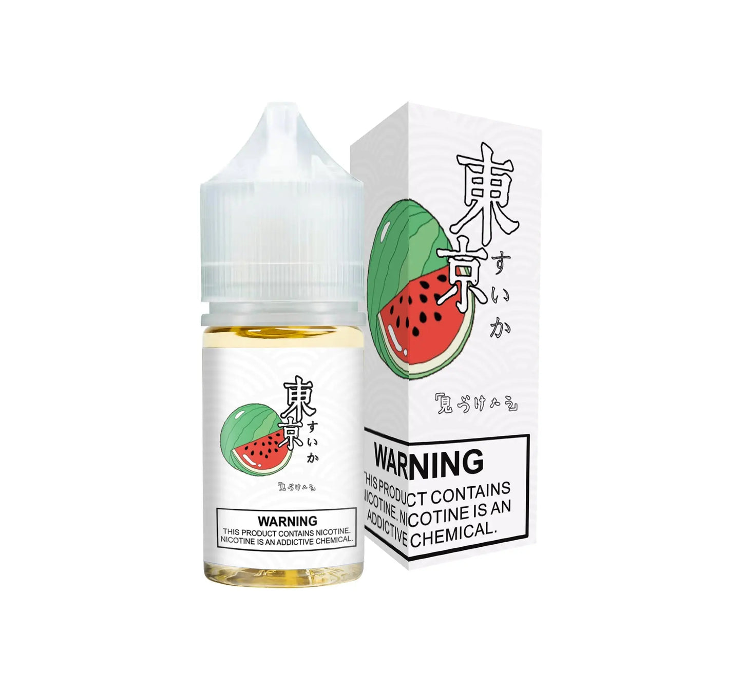 TOKYO ICED WATERMELON SALTNIC IN 30ML BOTTLE WITH PACKAGING, WHITE BACKGROUND