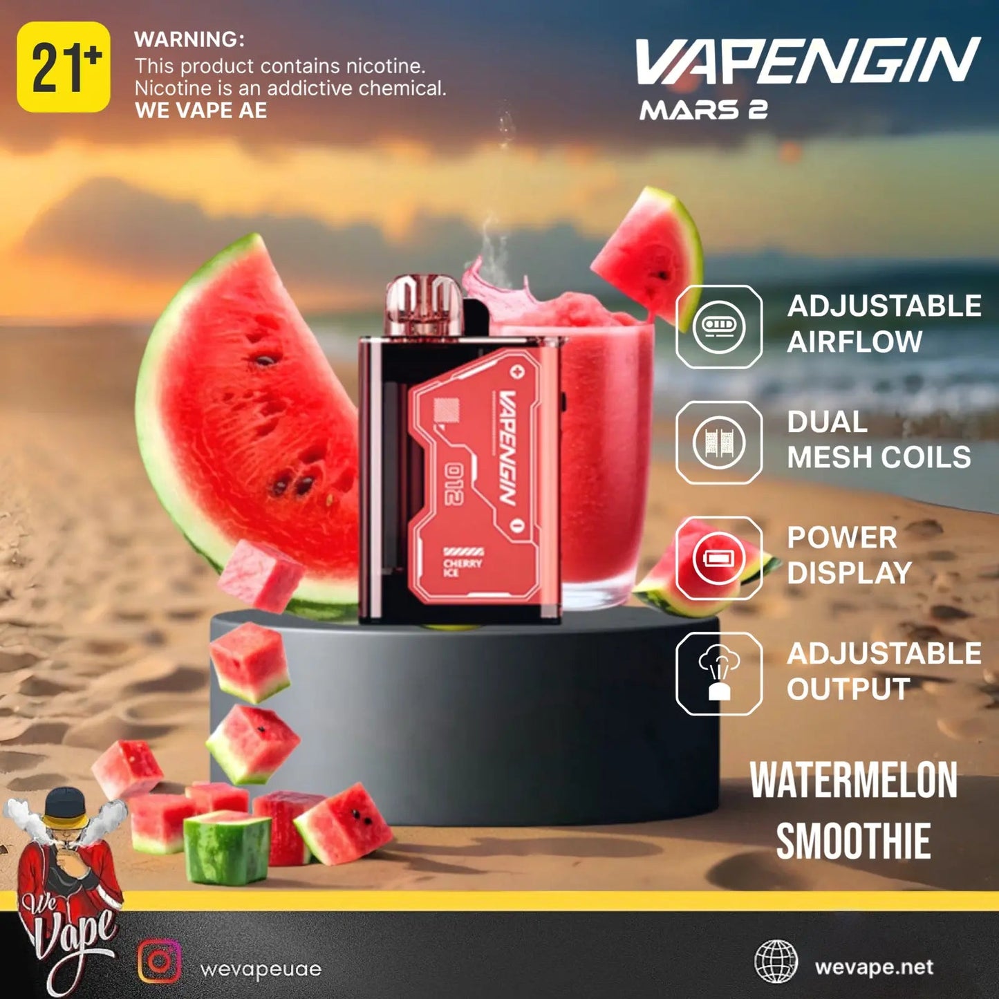 Vapengin Mars 2 vape device with watermelon smoothie flavor on a beach background. Order Now and get Free Delivery.
