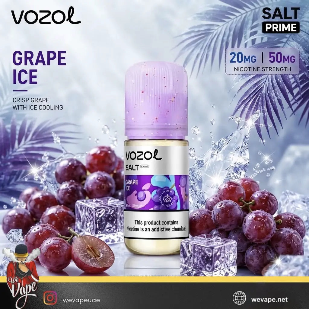Vozol Salt Prime in Grape Flavor with ice cubes and grapes around its bottle.