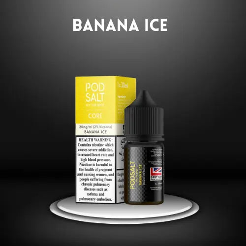 Banana Ice by PODSALT (Saltnic) with packaging in dark background