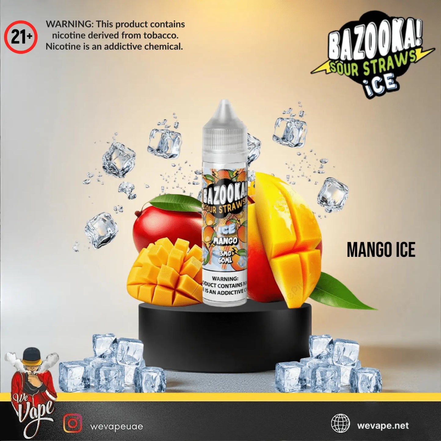 Bazooka Mango Ice 60ml bottle with bright background and iced mango sliced display