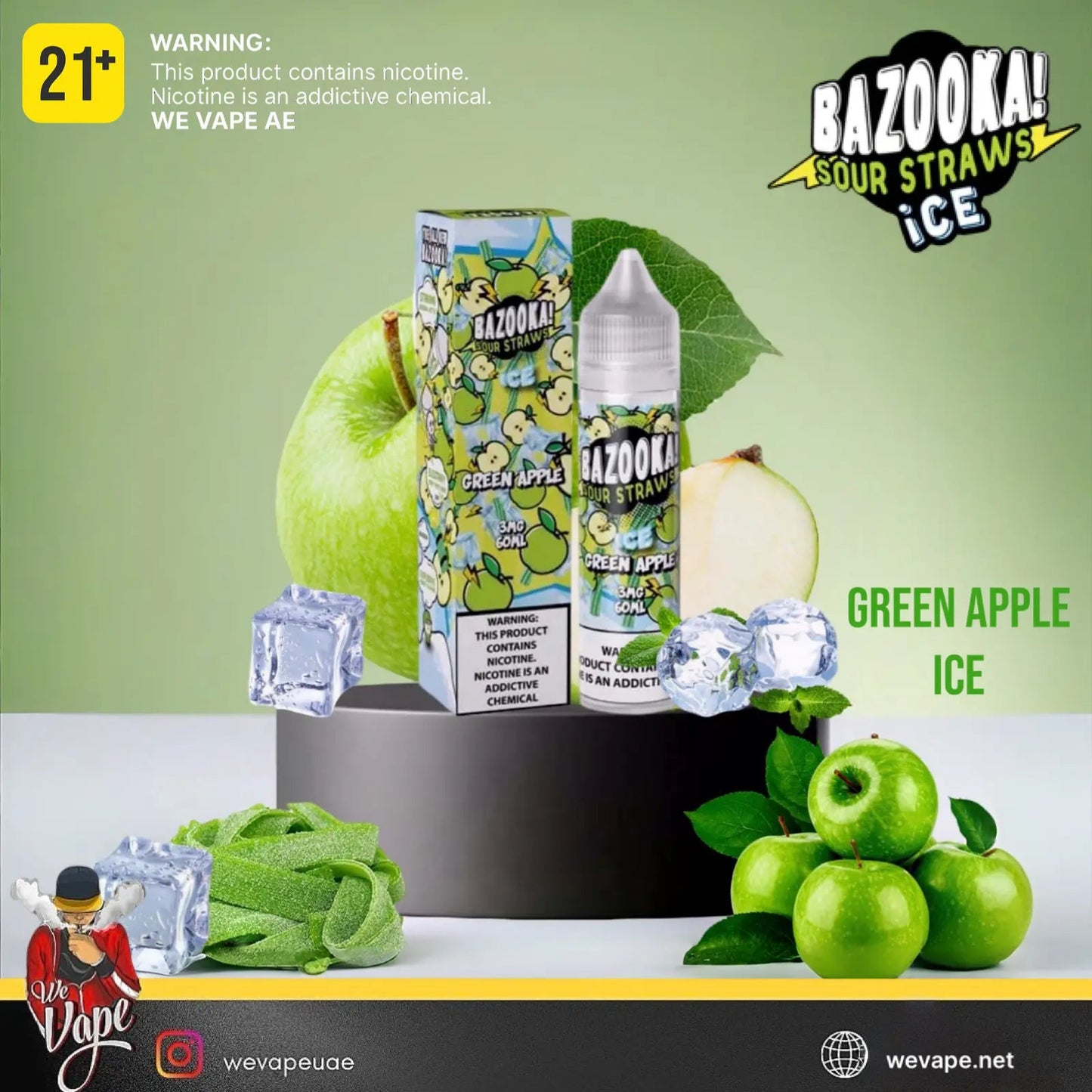Bazooka Sour Straws Ice Green Apple flavor product with packaging, bottle, and green apples on a light green background. Order Now and get FREE DELIVERY.