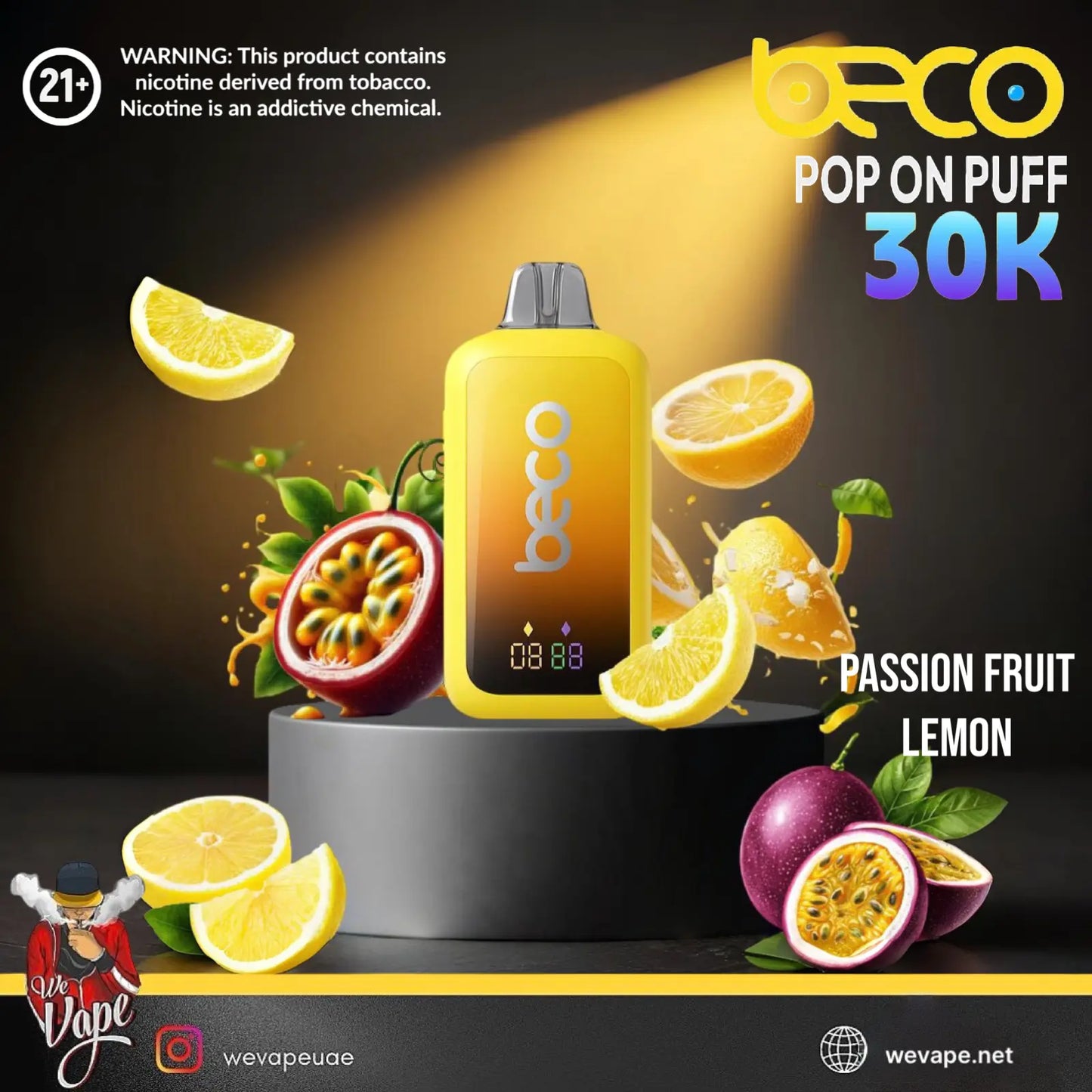 Beco Pop on Puff 30K vape device with fruit elements on a dark background