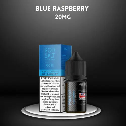 Blue Raspberry by PODSALT (Saltnic) with blue white packaging in dark background