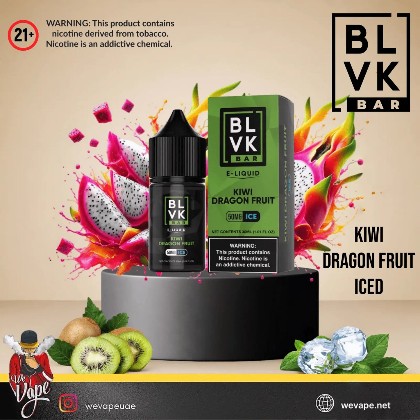 BLVK Bar e-liquid bottle and packaging with colorful dragon fruit and kiwi slices on a beige background.