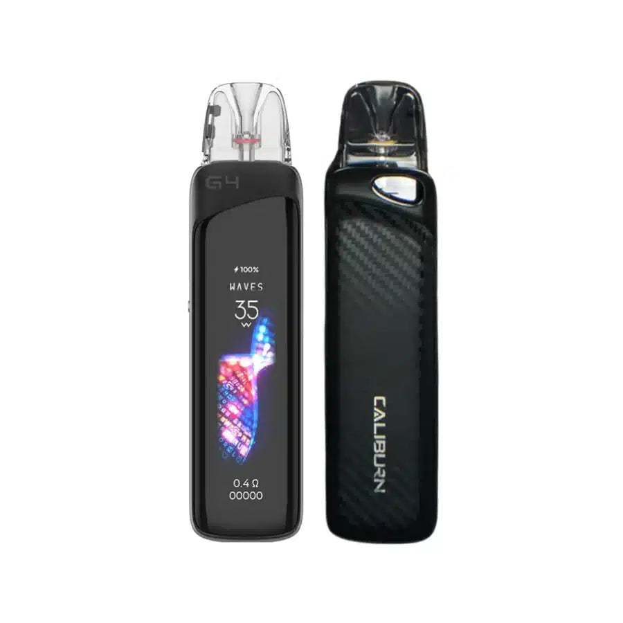 uwell caliburn g4 pro vaping devices, one with a digital display and the other with 'Caliburn' branding, on a white background. order now