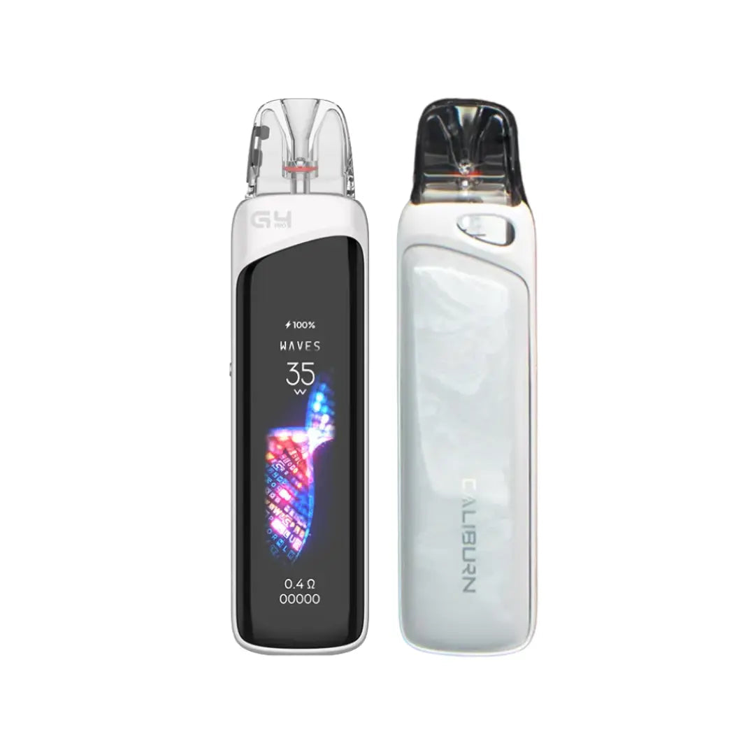 uwell caliburn g4 pro facing front and back in white and black color