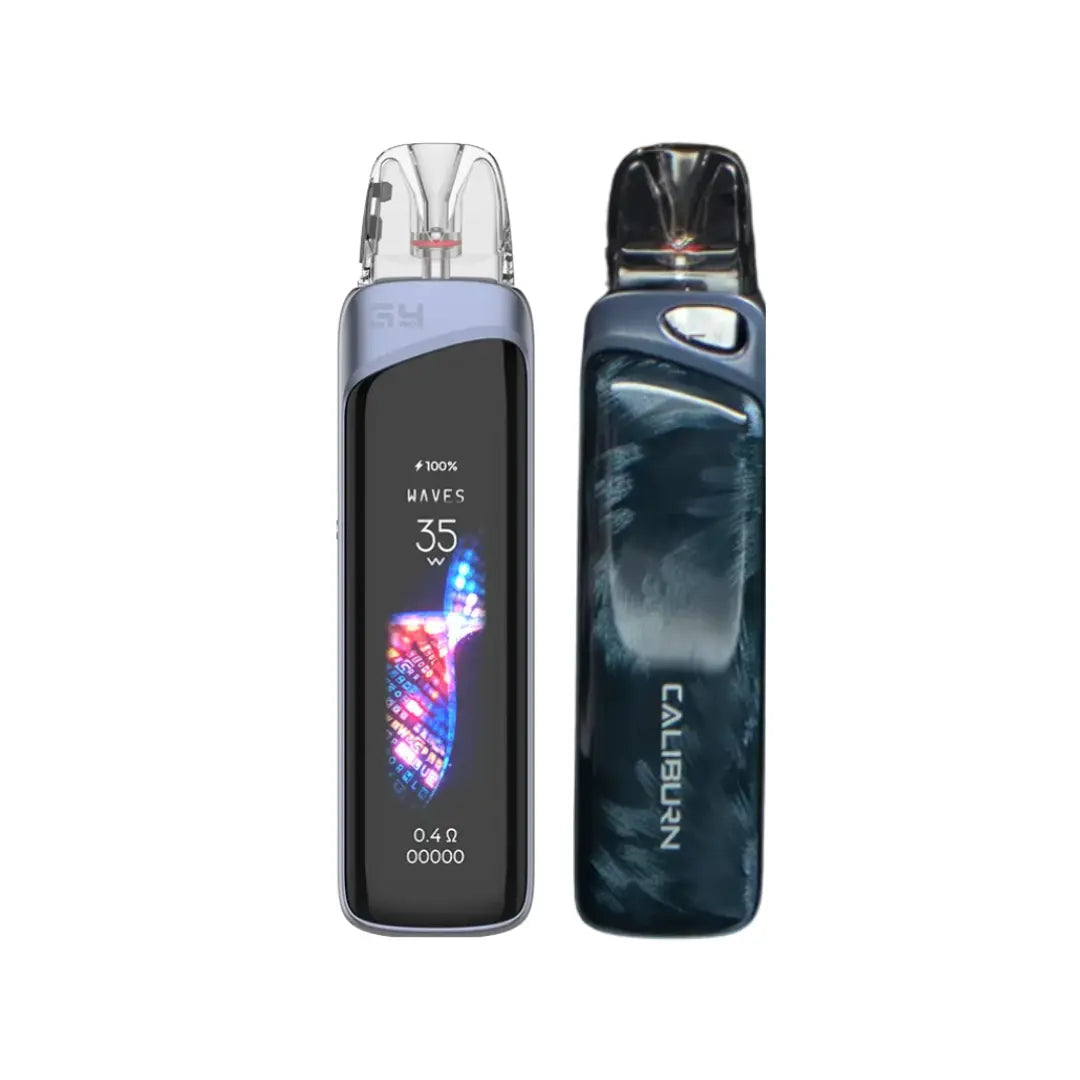 uwell caliburn g4 pro vaping devices, one with a digital display and the other with a marbled design, on a white background.