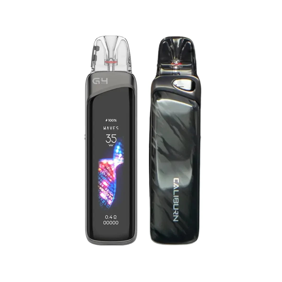 uwell caliburn g4 pro in grey color, one with a digital display and the other with a brand logo, on a white background.