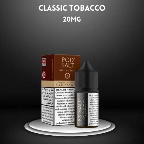 Classic Tobacco by PODSALT saltnic with packaging in dark background, order now and get 20% OFF