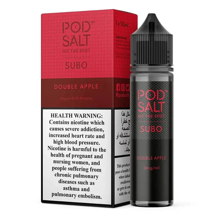 Double Apple By Podsalt SUBO WITH PACKAGING BESIDE BOTTLE IN WHITE BACKGROUND - ORDER NOW AND GET 20% DISCOUNT - WE VAPE