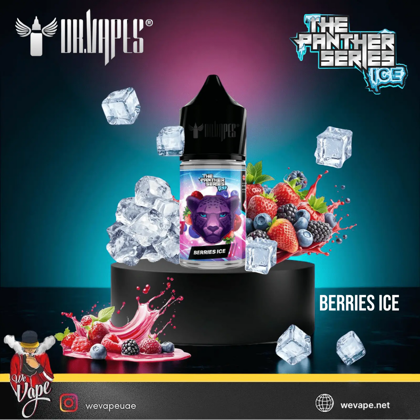Vape product with berries and ice cubes on a colorful background, featuring the brand 'Valvapes' and 'The Panther Series Ice'.