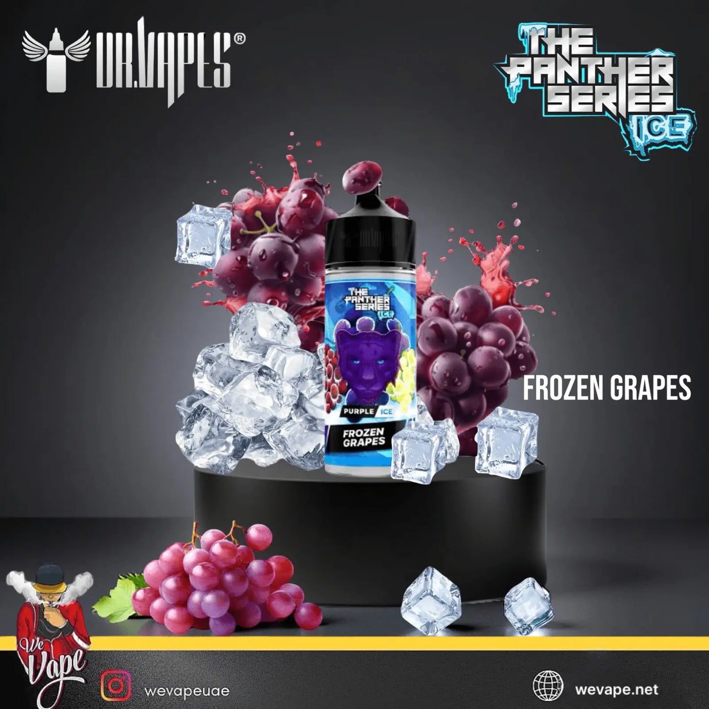 Vape product with frozen grapes and ice cubes on a dark background, featuring Wildapes branding.