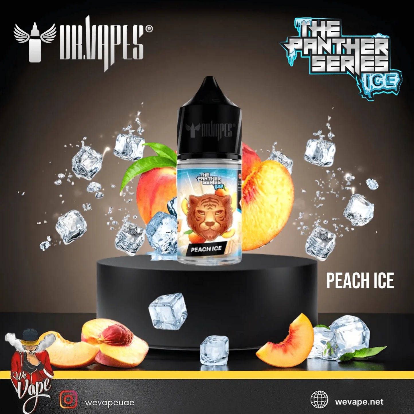Vape juice bottle labeled 'Peach Ice' from the Panther Series on a dark background with ice cubes and peaches.