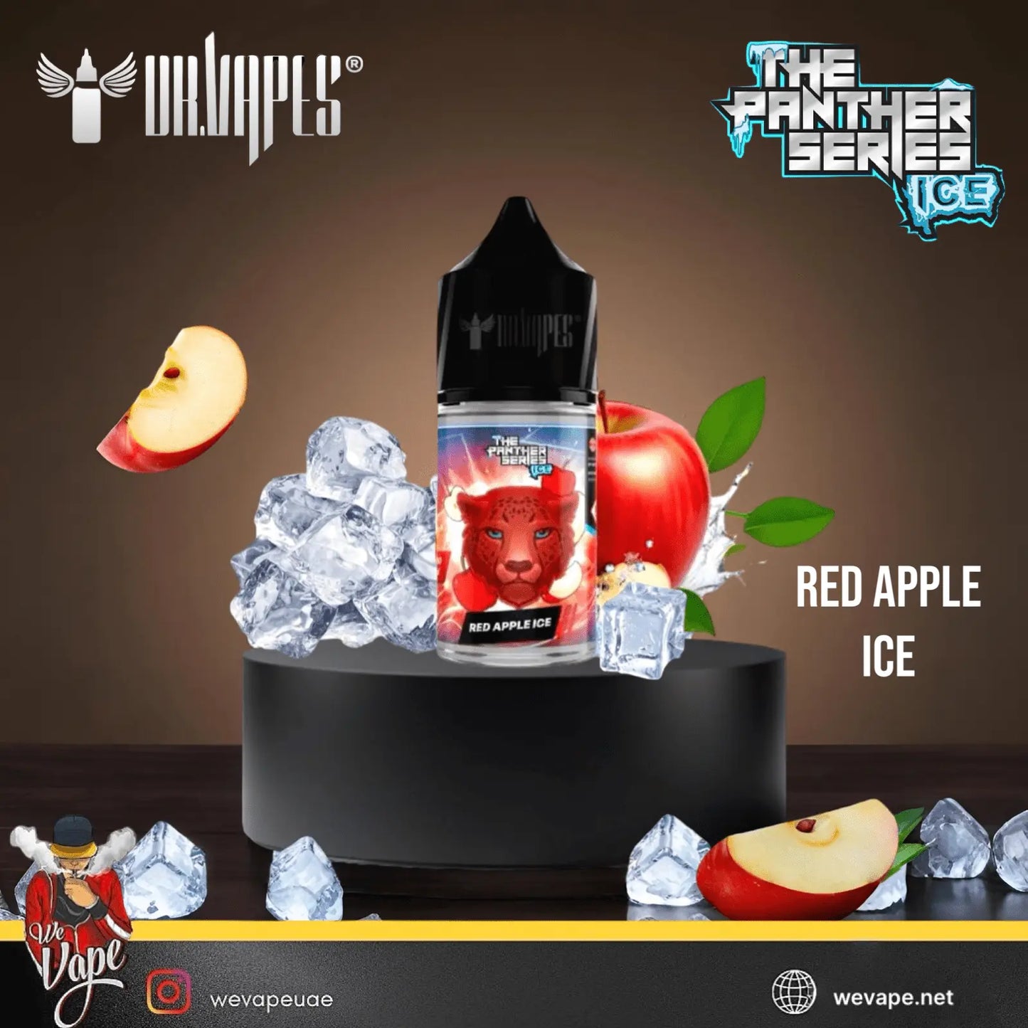 Vape juice bottle with red apple and ice theme, featuring 'The Panther Series' branding.