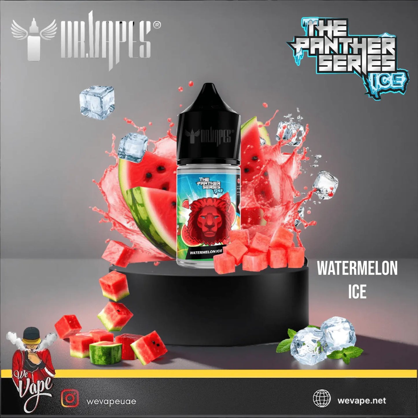 Vape product with watermelon and ice theme on a gray background