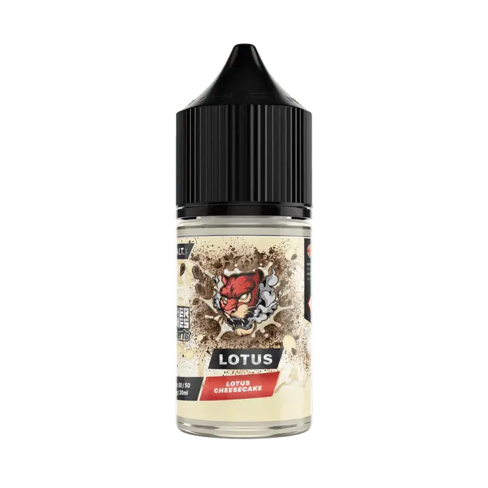 Dr Vapes juice bottle with 'Lotus' branding on a beige background