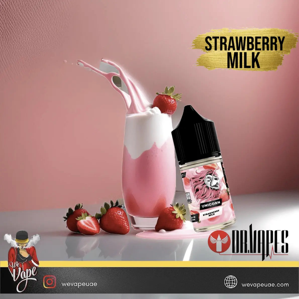 dr_vapes strawberry milk unicorn salt nic with pink background with strawberry display
